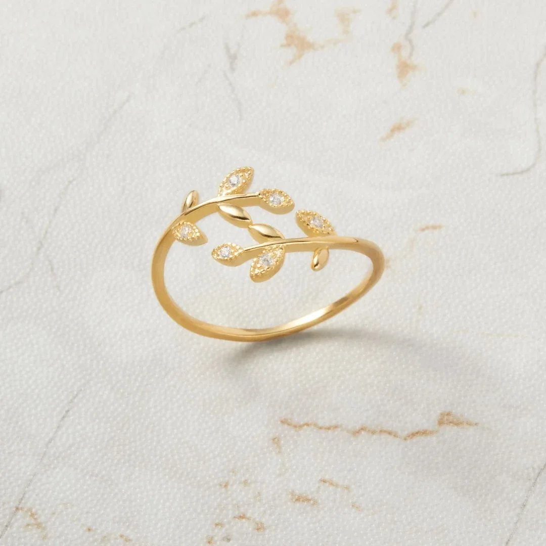 Creative Plant Leaf Gold Silver Rose Gold Vintage Open Finger Adjustable Rhinestone Ring For Women