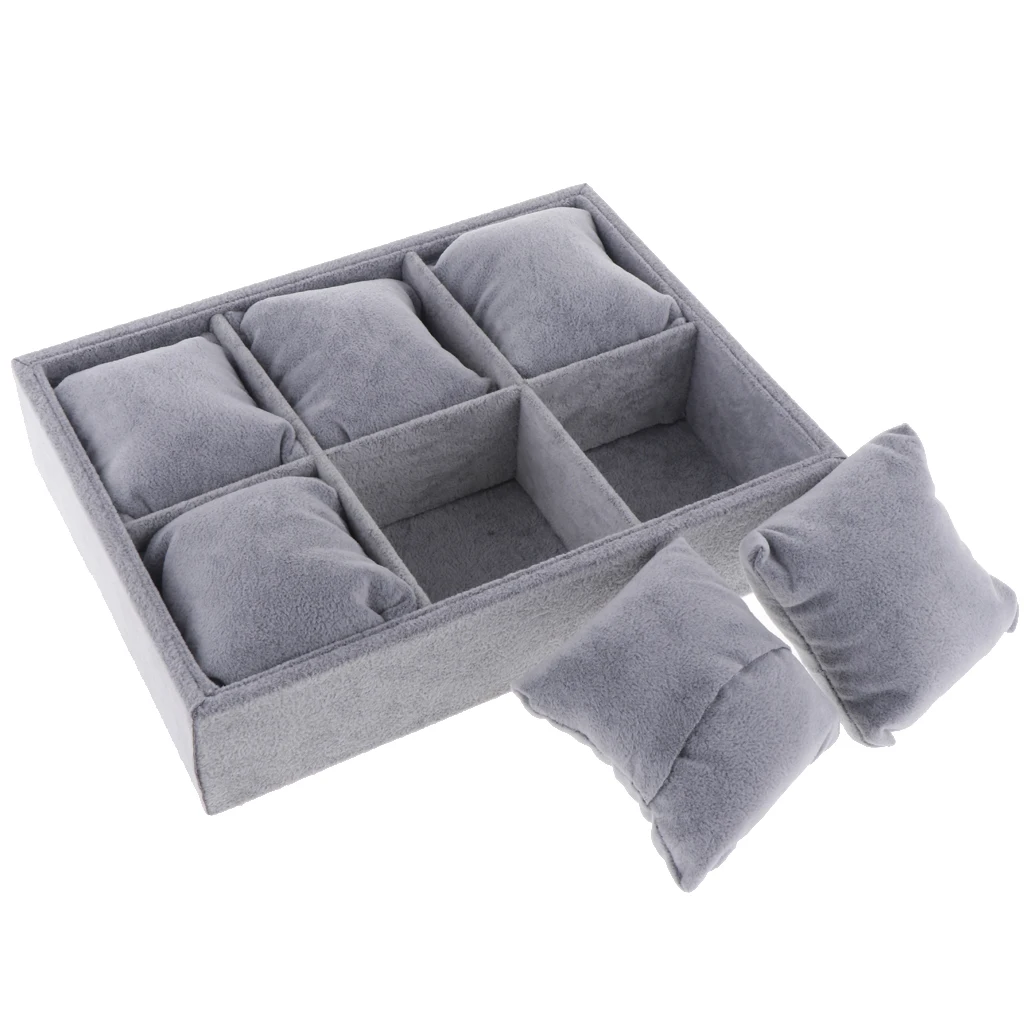 Comprar Bandeja de reloj organizador de vitrina soporte de vitrina de terciopelo apilable 6 almohadas de rejilla para relojes soporte de pulseras