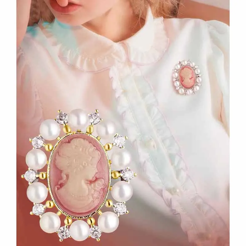 빅토리아 양각 뷰티 헤드 진주 핑크 브로치, 코르지 여성 재킷 핀 가디건 버클, 레트로 액세서리