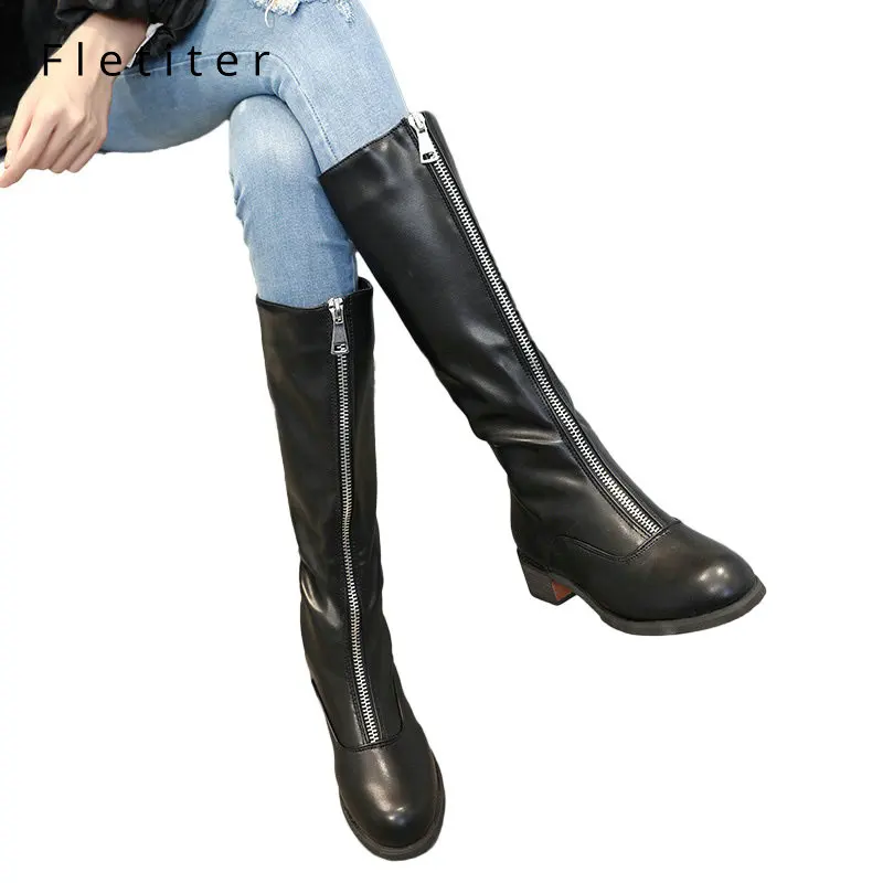 

Fletiter Size 35-39 womens knee High Boots front Zipper fashion round toe low heels Ladies Winter shoes purple women High boot
