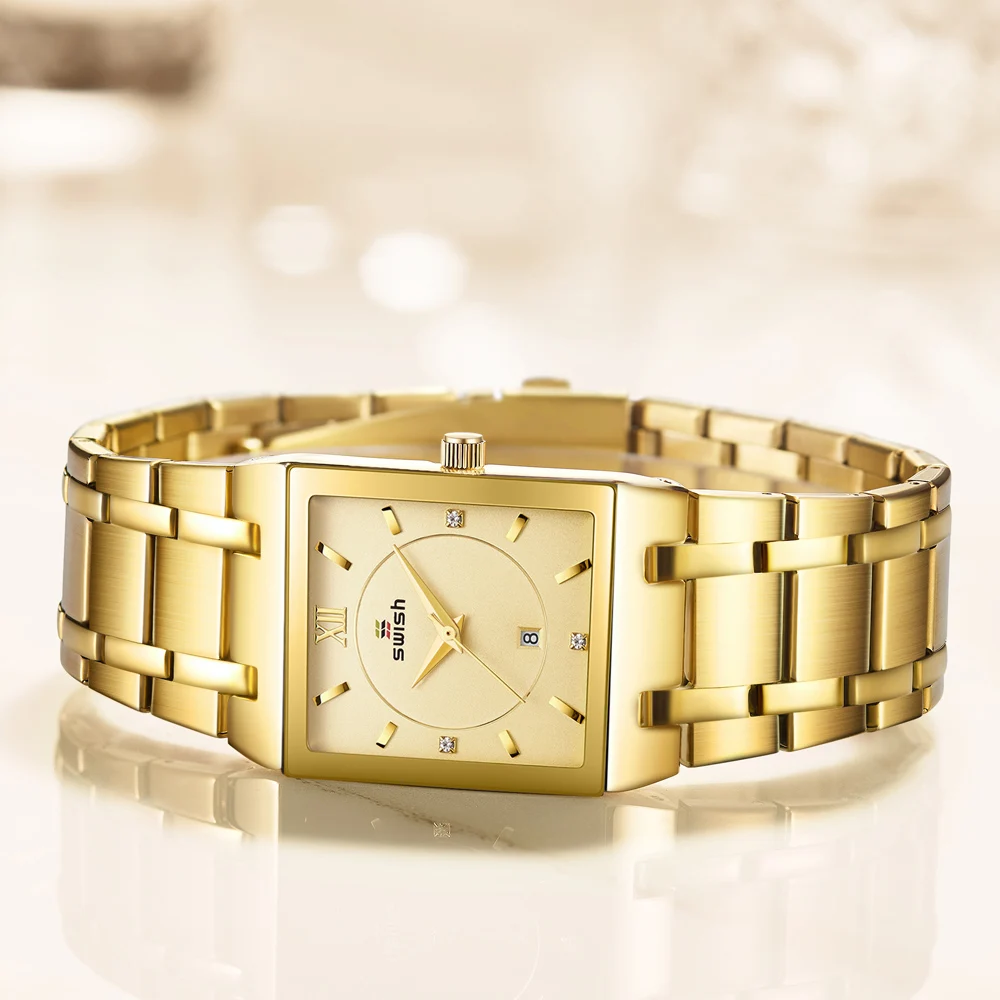 SWISH Luxury Golden Watches Women Creative Square Design Wristwatch Ladies Bracelet Quartz Watch Zegarek Damski Relogio Feminino