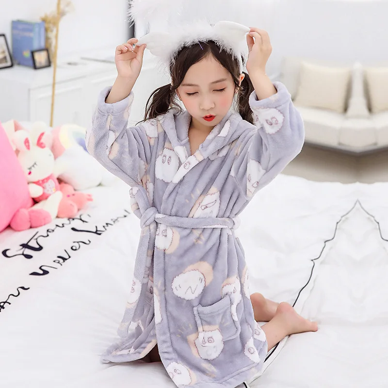 Cartoon Children Flannel Pajamas Boys Girls Robes Soft Thicken Hooded Bath Robes Long Sleeve Warm Lovely Child Home Clothing