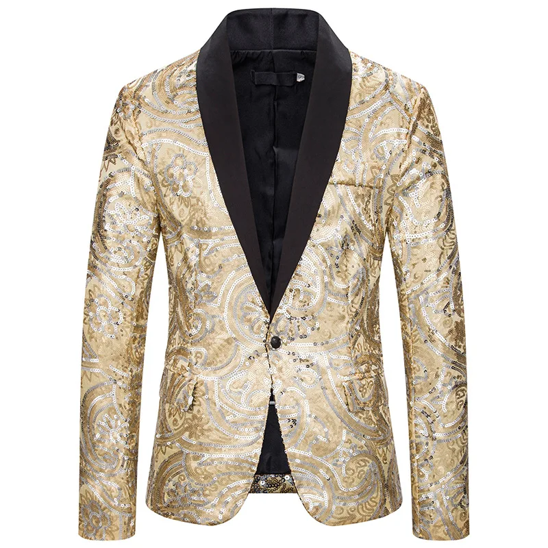 Luxury Glitter Blazer Men Fashion Golden Silver Sequin Single Button Blazer Hombre Nightclub Stage Slim Fit Mens Christmas Suit