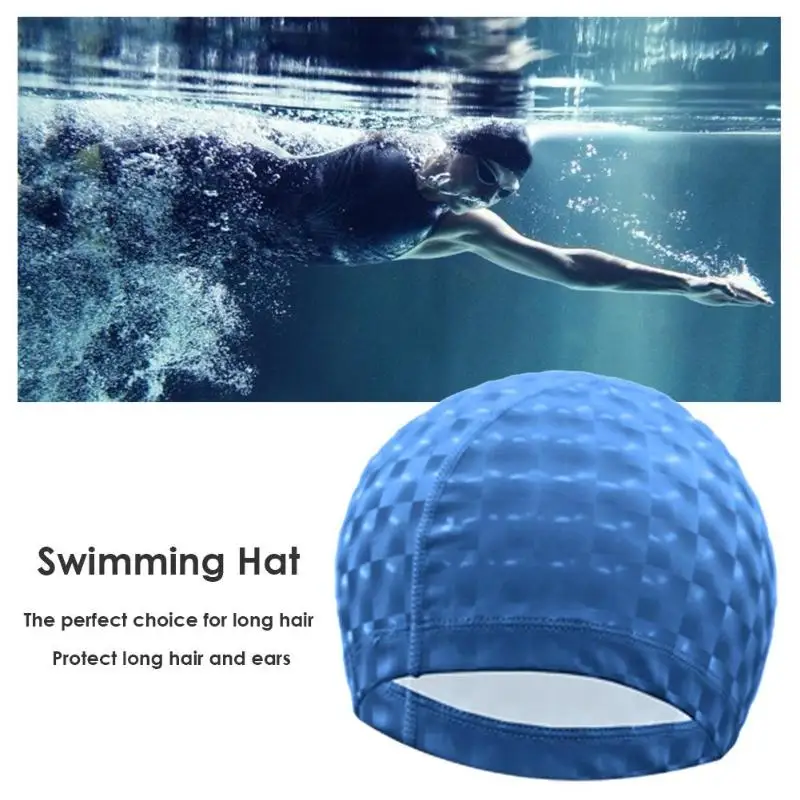 Men& Women Free size Elastic Waterproof PU Swim Cap Fabric Protect Ears Long Hair Sports Swim Pool Hat Diving Swimming Cap