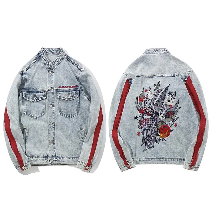 light blue Harajuku Вышивка Дракон джинсовые куртки для мужчин Уличная Хип Хоп винтажная промытая джинсовая куртка осень Красные Полосатые джинсовые куртки - Цвет: light blue