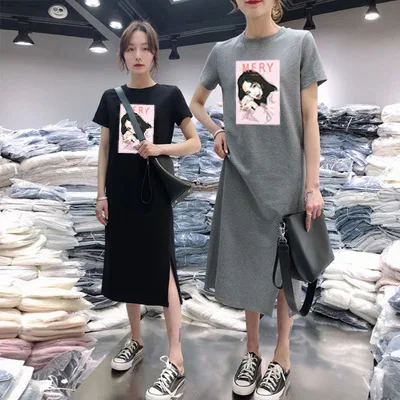 

Summer Large Size Loose-Fit Mid-length over-the-Knee Base T-shirt Skirt Short-sleeve Dress Printed Blouses Base Skirt