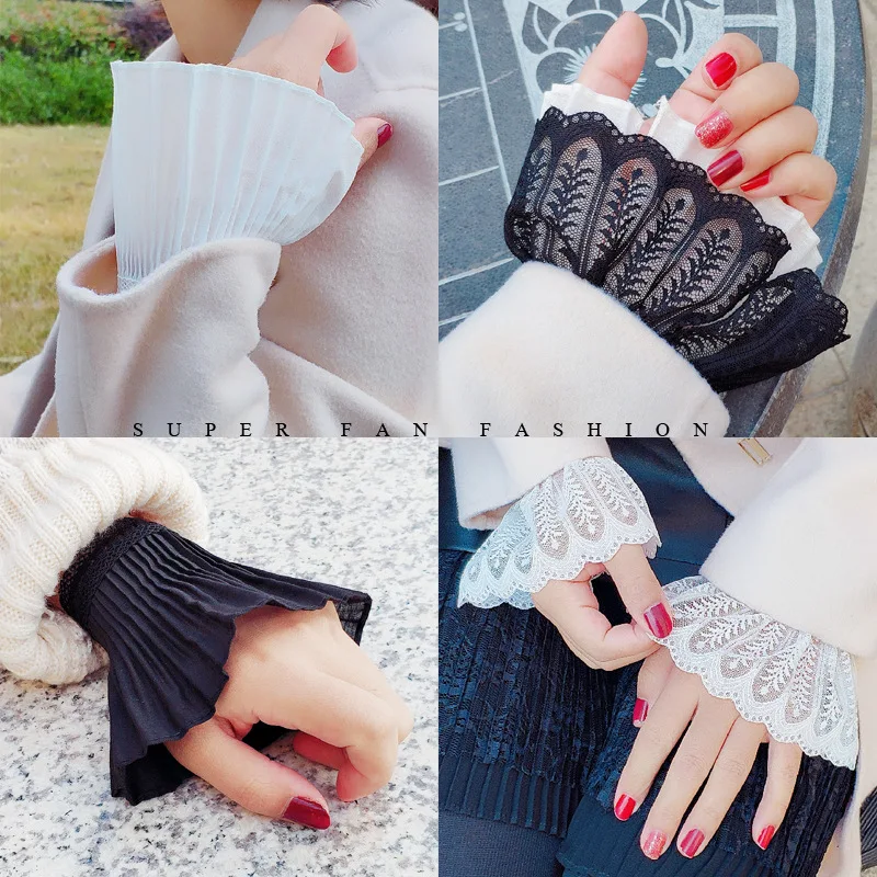 1 Pair Women Chiffon Lace Floral False Horn Cuffs Ruffles Pleated Detachable Fake Sleeve Wrist Warmer Clothing Accessory