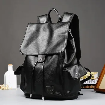

Solid PU Leather Laptop Backpack Men Litchi Pattern school bag teenage boy bookbag Black Business backbag Casual Travel bag pack