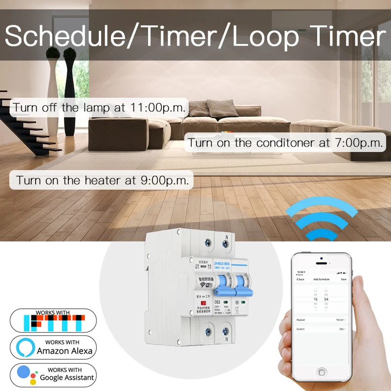 2P WiFi Smart Circuit Breaker Switch Smart Home Automation Overload Short Circuit Voice Control with Amazon Alexa Google home