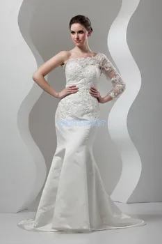 

free shipping 2017 new design hot seller one shoulder lace mermaid long sleeve customize size/color ivory/white wedding dress