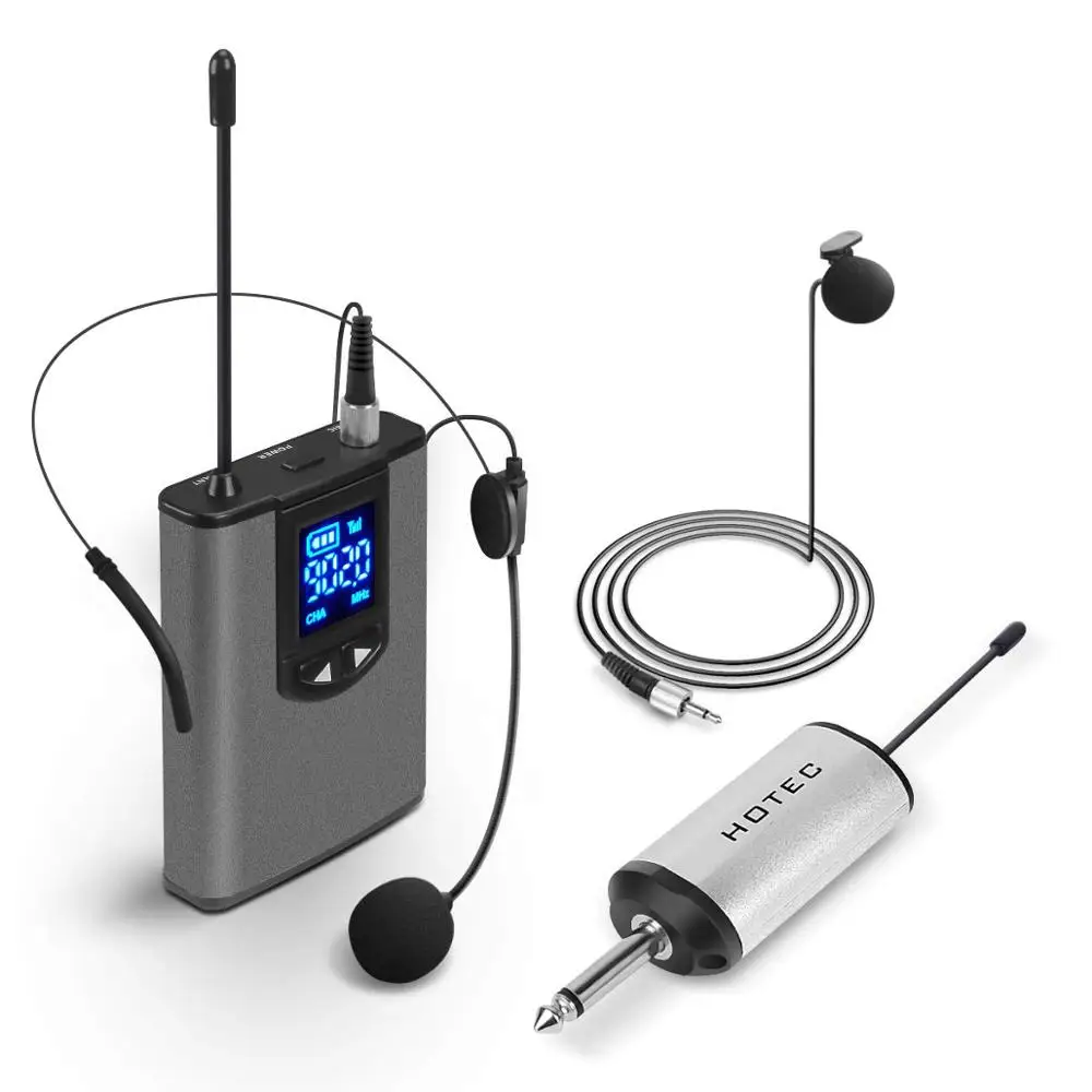 

UHF Wireless Headset Microphone/Lavalier Lapel Mic with Bodypack Transmitter and Mini Rechargeable Receiver 1/4" Output, for Liv