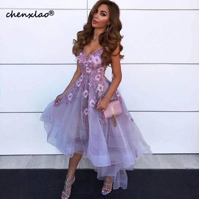 Лавандовые Длинные вечерние платья robe de soiree вечерние платья ручной работы с цветочным v-образным вырезом Abendkleider Hi-Low Вечерние платья для выпускного вечера