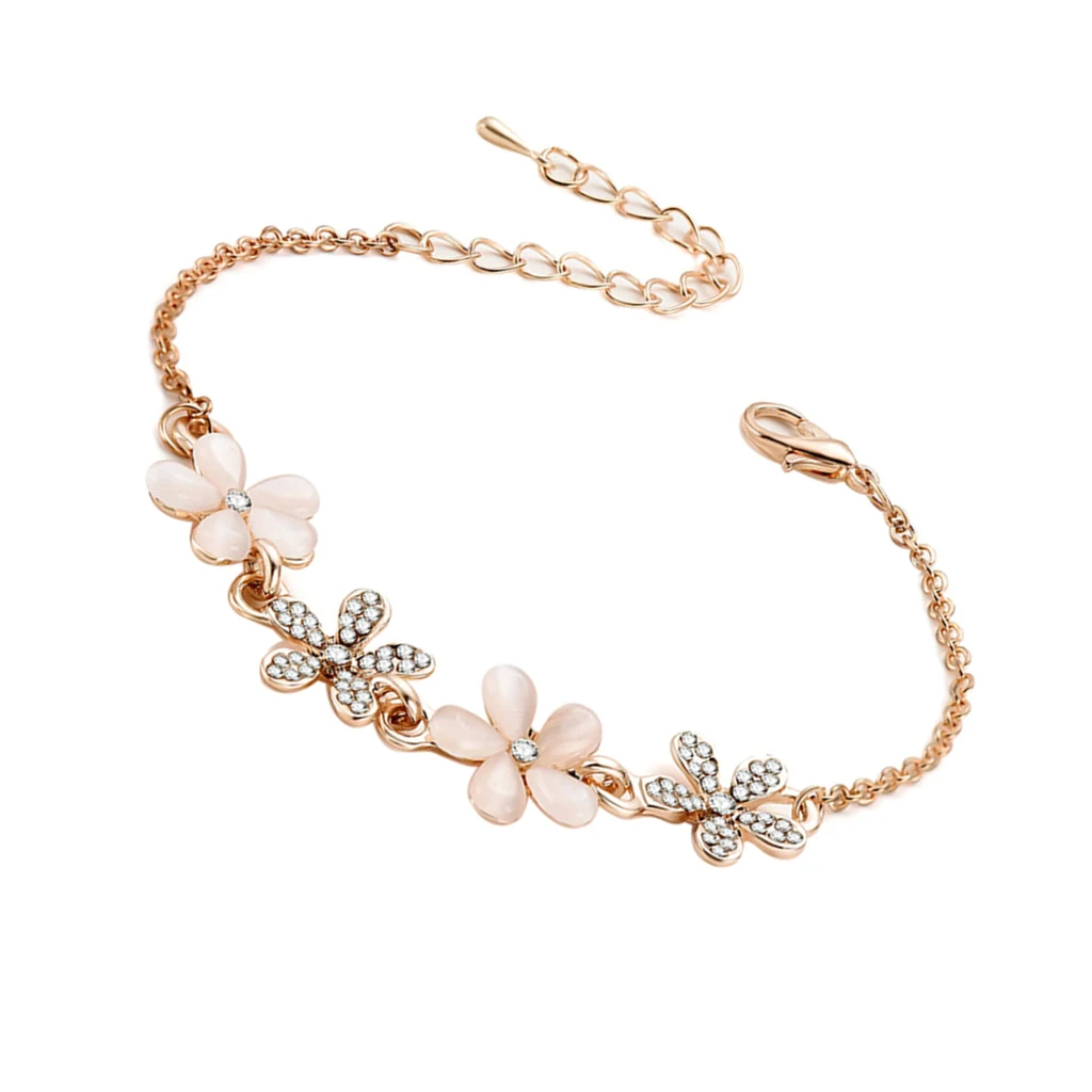 Elegant Flower Link Bracelet Cubic Zirconia Chain Bangle Anklet Wristband Adjustable with pink opal and bling rhinestone