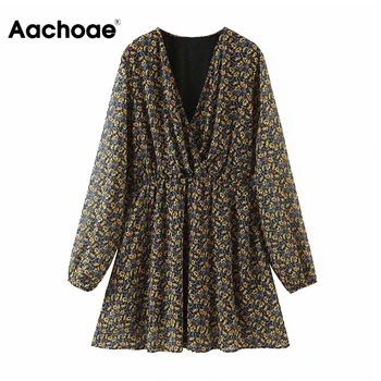 Aachoae-minivestido estampado informal para Mujer, vestido bohemio con cuello De pico, manga larga, holgado y plisado, gasa De Mujer, Ropa De Mujer 2020