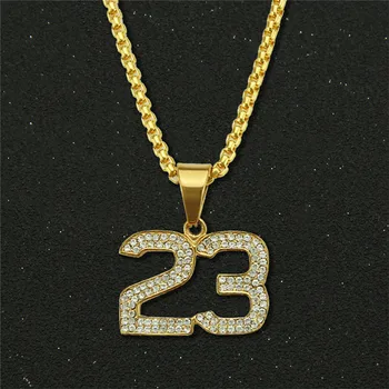 

Large Men's Crystal Hip Hop Basketball Legend Number 23 Necklaces Bling Gold Cuban Chain Necklace Jewelry For Men