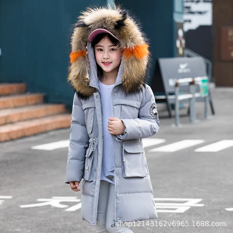 Новое зимнее пальто модная зимняя меховая пуховая куртка для девочек с цветочным рисунком, теплая Толстая парка с капюшоном для девочек, пальто - Цвет: gray