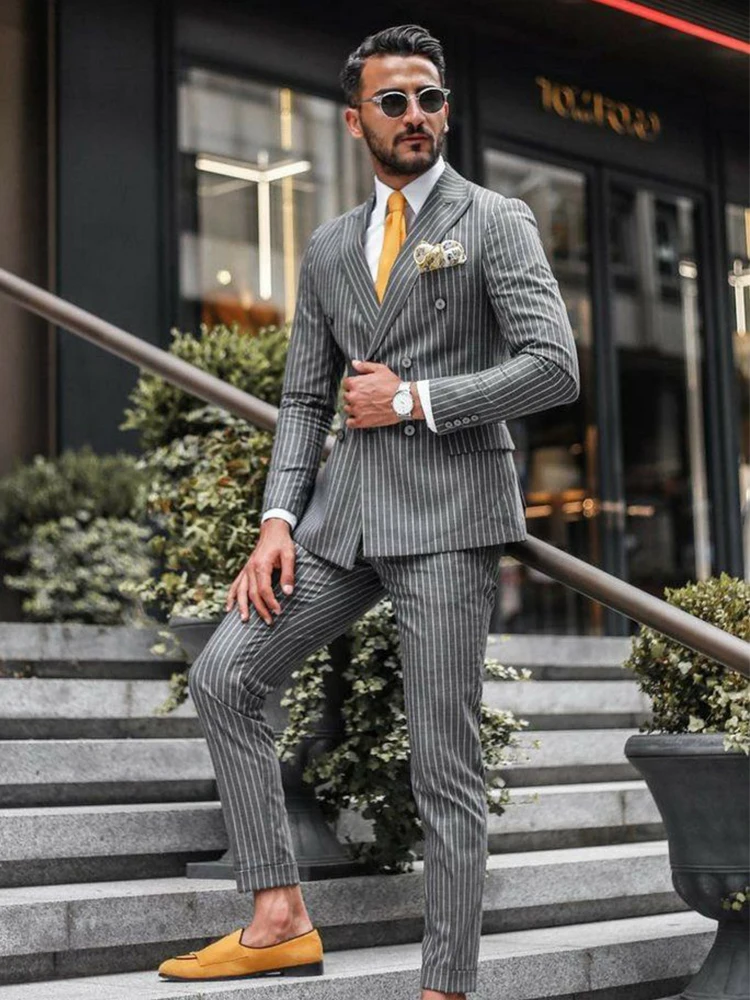 Double Breasted Slim Fit Grey Stripe Men Suit Formal 2 Piece Business Tailor Made Groom Wedding Tuxedo | Мужская одежда