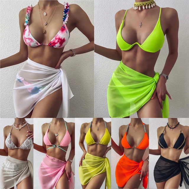 Beach Style Women Three Piece Biniki Set Lace Up Bra Panty Printed  Beachwear Chiffon Swimsuits Cover Up Bathing Suits - AliExpress