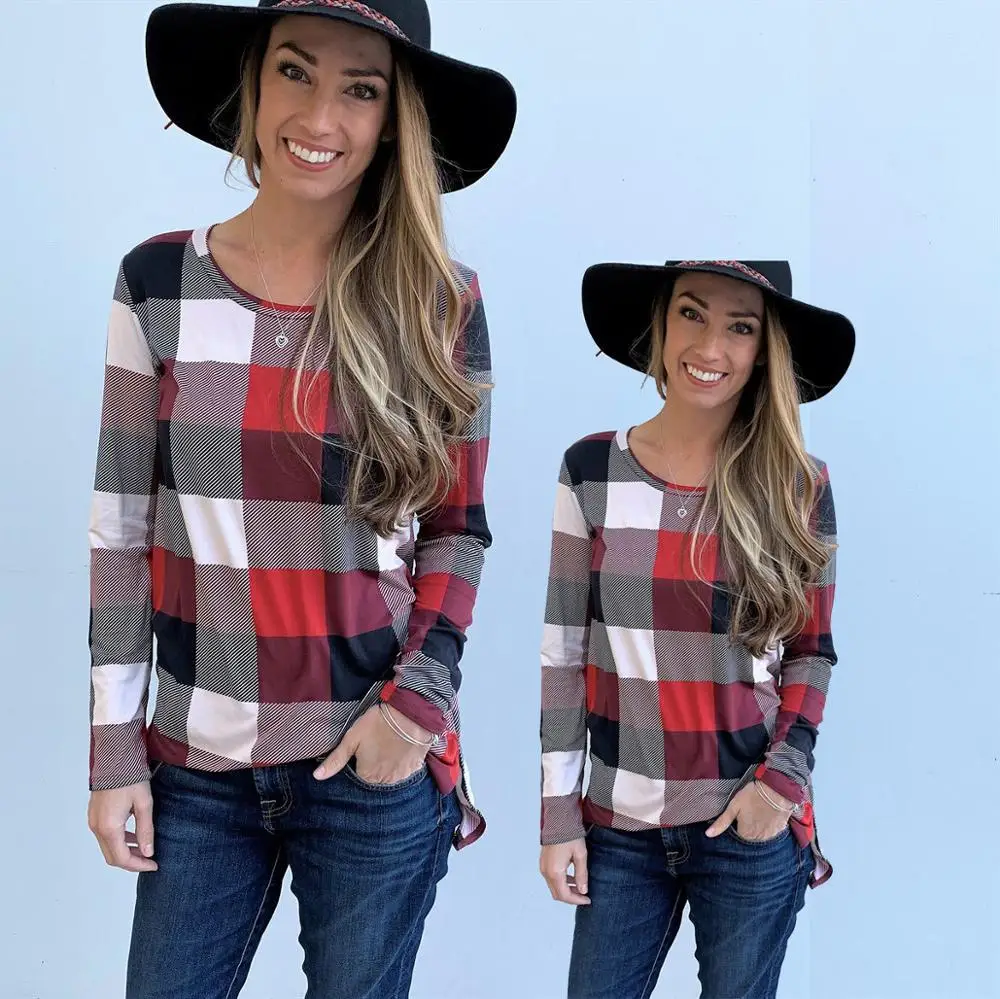 

2020 New Mommy and Daughter Matching Clothes Family T Shirt Popular Plaid long Sleeve Round Neck Tops Women Girls Casual T-shirt