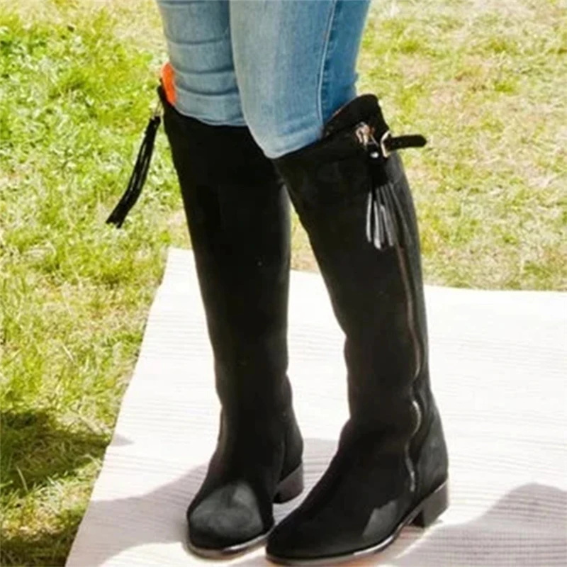 SAGACE Winter Warm Knee High Boots Womens Snow Boots PU Leather High Heels Side Round Toe Side Zipper Tassel Female Shoes 1026