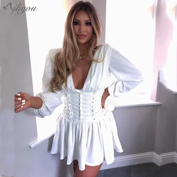 

Ailigou 2020 New Fashion White Dress Pleated Cross Lace Design Puff Sleeve Sexy V-Neck Celebrity Party Club Mini Dress