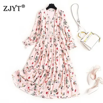 

Women Fashion Spring Dress 2020 New Designers Long Sleeve V Neck Floral Print Sweet Casual Chiffon Dress Vestidos