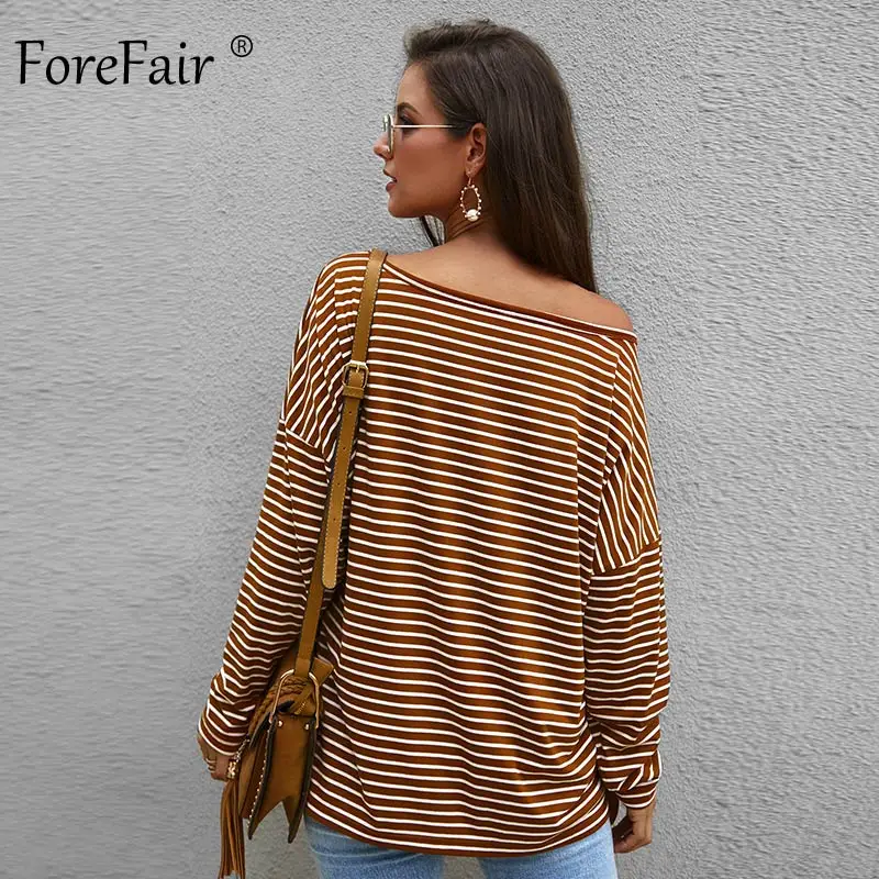 Forefair футболка в полоску для женщин осенний топ с открытыми плечами повседневные свободные размера плюс круглый вырез хаки серый черный длинный рукав рубашки
