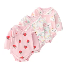 Barboteuse à manches longues pour fille, joli body imprimé fraise, vêtements pour nouveau né, printemps automne 