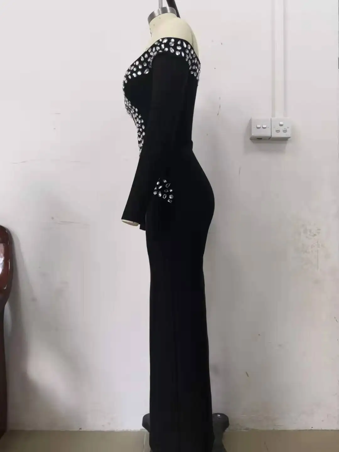 High Quality Black Sexy Women Slash Neck Long Sleeve Bandage Rayon Homecoming Elegant Party Dress