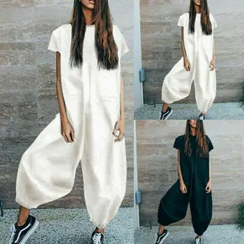 

Womens Fashion Solid Short Sleeve Casual Clubwear Summer Playsuit Loose Casual Jumpsuit Romper Long Jumpsuit