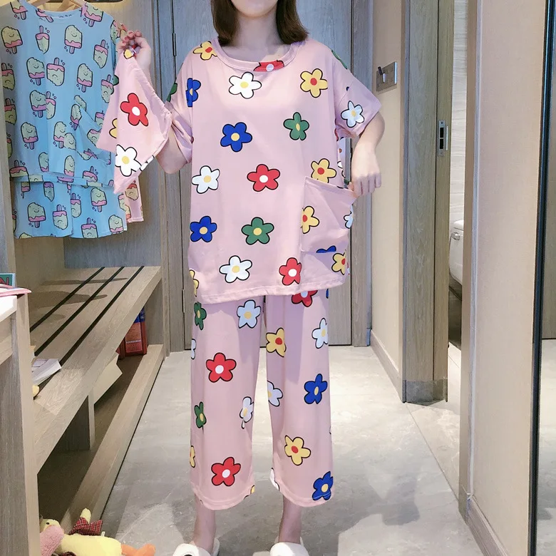 

Cloth Bag Pajamas Female Summer Short Sleeve Trousers Powder Flower M -Xxl Selfie Original 4-Color