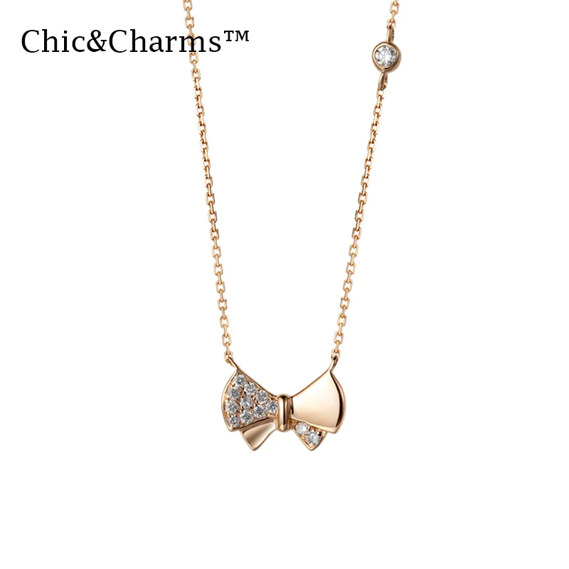Chic& Charms 9K& 14K Настоящее розовое золото бриллиантовое ожерелье бант дизайн индивидуальные женские ювелирные изделия 0.07ct
