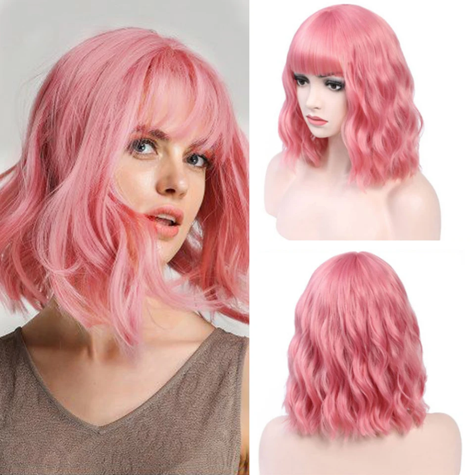 

FREEWOMAN Pink Lolita Synthetic Wig Short Bob Wig With Bangs Cosplay Water Wave Styled Wigs For Women Heat Resistance Purple