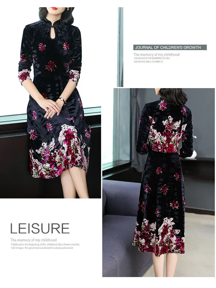 Autumn New Style WOMEN'S Dress Slim Fit Slimming Debutante Elegant Mid-length Stand Collar Long Sleeve Gold Velvet Dress