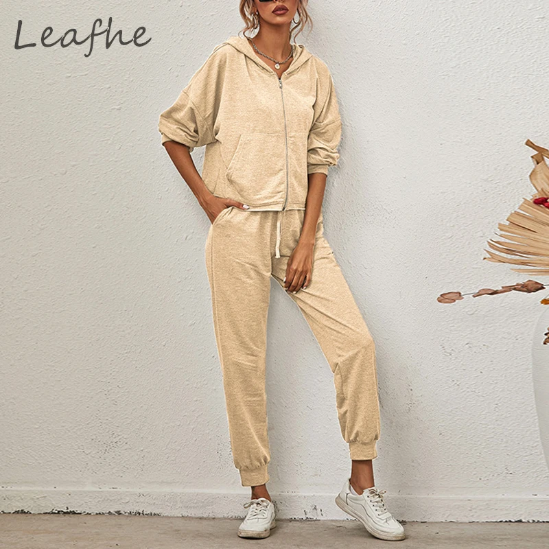 

Woman Zipper Pocket Hooded Tracksuit 2 Piece Sets Autumn Winter Tops Long Pants Sport Suit Solid Casual Simple Warm Sweatshirts
