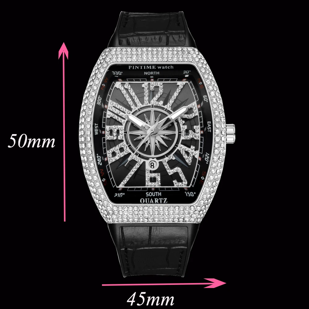 Hot Sale Men Fashion Luxury Watch Diamond Iced Out Waterproof Quartz Wristwatch Blue Silicone Band Party Casual Dress Watches