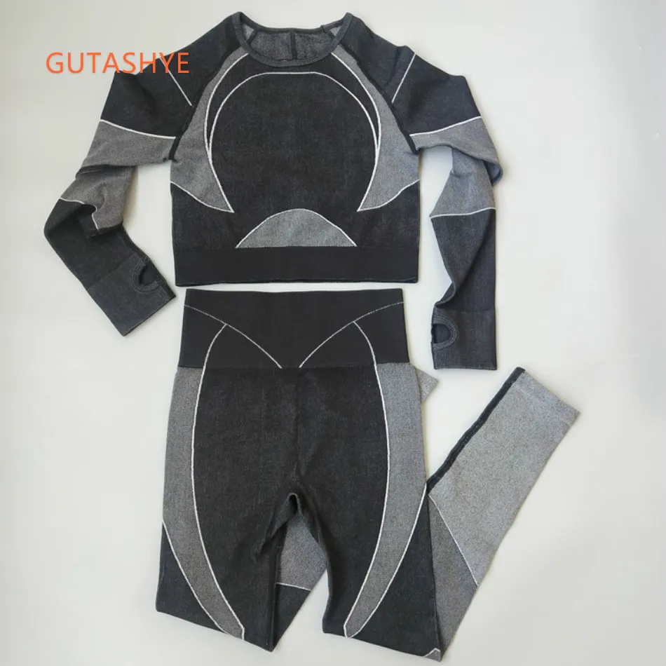 SET BLACK GUTASHYE, женские штаны для йоги, setSeamless, леггинсы, штаны для йоги, гимнастический набор, высокая талия, леггинсы, штаны, спортивная одежда для йоги, Фитнес рубашка - Цвет: SET BLACK