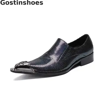

Blue Genuine Leather Gingham Men Oxfords Shoes Iron-tipped Toe Pointed Formal Shoes Slip-on Low Heel Men Dress Office Shoes