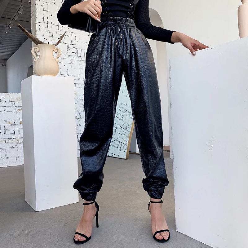 

Gothic Black Women PU Leather Carving Printed Elastic Lace Trousers Spring Goth Punk Female High Waist Pleated Loose Harem Pants