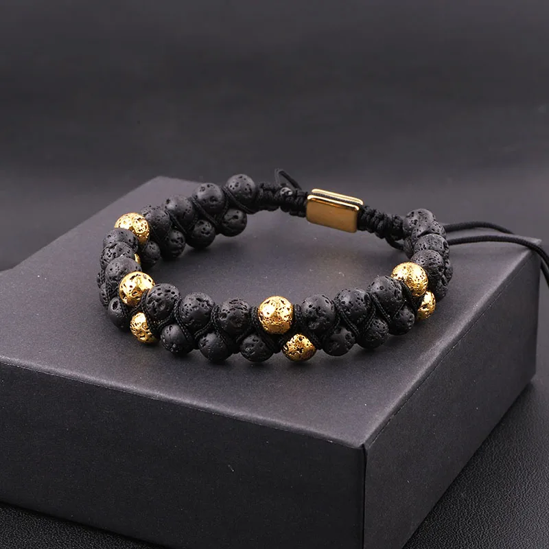 New Fashion Vintage Gold Silver Plated Volcanic Lava Stone Double Layer Beads Braided Bracelet Men Women - Image 2