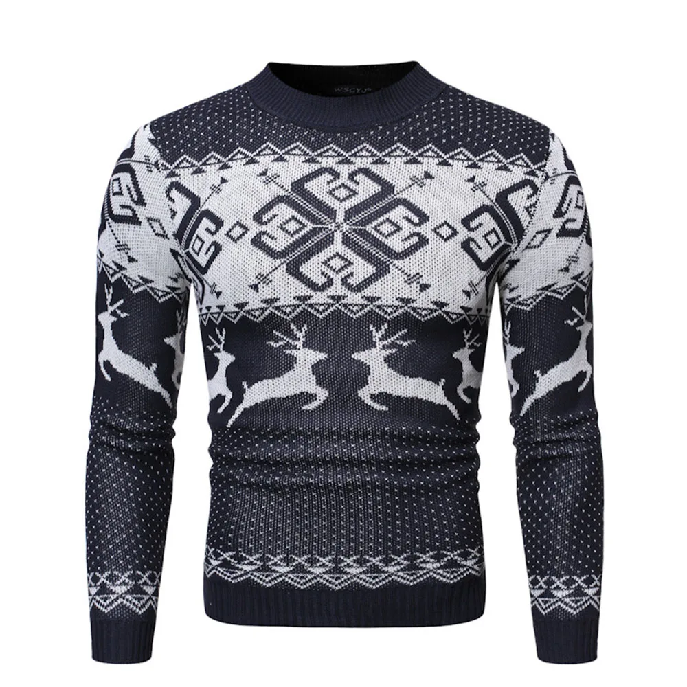 

Men's Sweater Winter Pullover Snowflake Animal Print New Year Tops Red Christmas Deer Sweaters Men Blue Casual Knitted Jumper