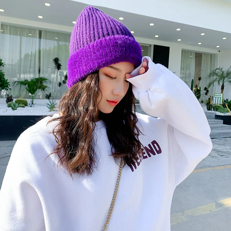 purple hat Женские шапочки зимняя женская шапка шапочки для девочек Skullies тёплая шапка женская шапка вязаная шапка оптом - Цвет: purple hat