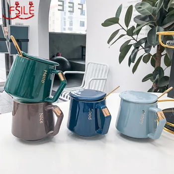 

400ml FSILE Korean Version of Gold Ceramic Coffee Cup with Lid and Spoon Business Office Mug Literary Harajuku Cup