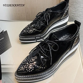 

Loafers Crystal Spring Autumn New Waterproof Platform Pumps Pointed Toe Genuine Leather Fashion All-match Brogue Female Shoes
