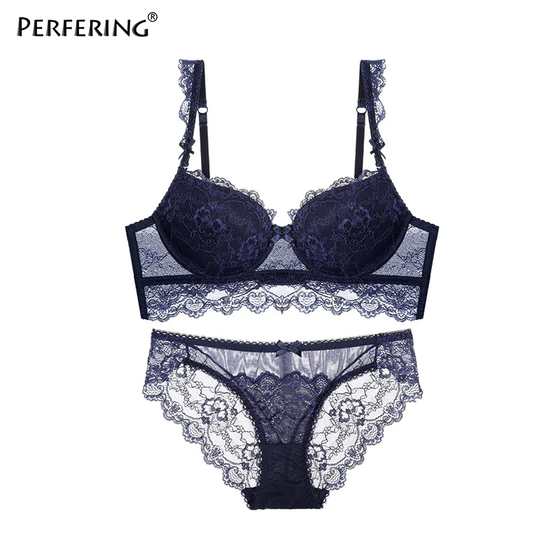 BLUE Perfering комплект с бюстгальтером, новинка, топ, сексуальное нижнее белье, хлопок, пуш-ап, бюстгальтер и трусики, наборы, чашечки 3/4, кружевное белье, набор, женский бюстгальтер с глубоким v-образным вырезом - Цвет: BLUE