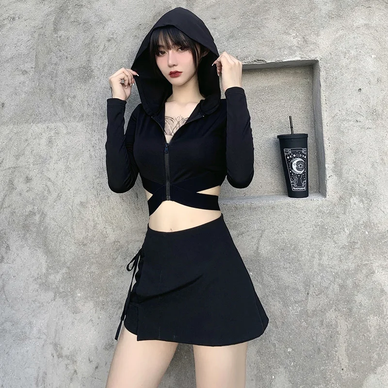 InstaHot Hem Bandage Hollow Out Front Zipper Knitted Hoodies O-Neck Long Sleeve TShirt 2020 Autumn Gothic Streetwear lady Hooded