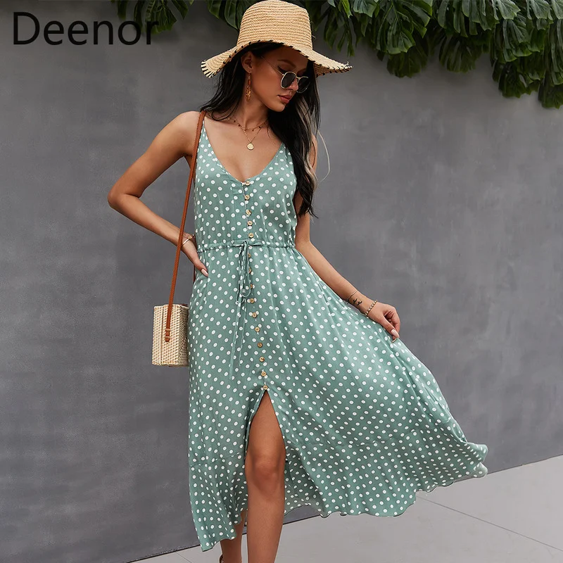 

Deenor Summer 2021 Sling Polka Dot Sexy Dress Casual Boho Printed Long Dresses Sleeveless V-Neck Women Clothes Dress Loose Robe