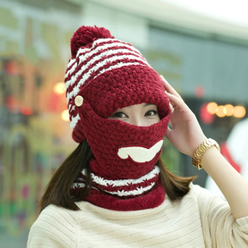 Winter knitted Beanies Hats Women Thick Warm Beanie Skullies Hat Female knit Letter Bonnet Beanie Caps Outdoor Riding Sets - Color: Wine red