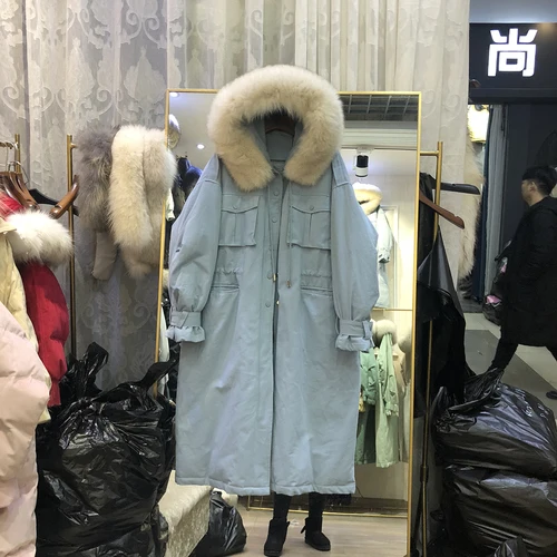 light blue Зимний Большой Лисий воротник ветровка пуховик женский Средний длинный уплотненный с капюшоном парка Mujer большой размер свободная стеганая куртка - Цвет: light blue
