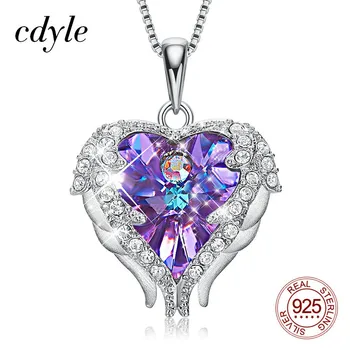 

Cdyle Fashion Women 925 Sterling Silver Necklace with Purple Crystal Angel Wings Heart Pendant Necklace Birthday Party Gift